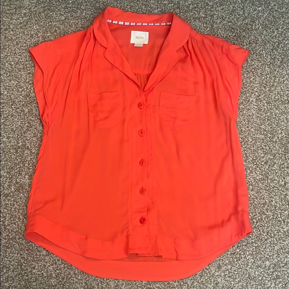 Anthropologie Coral Orange Button-Front Cap-Sleeve Blouse